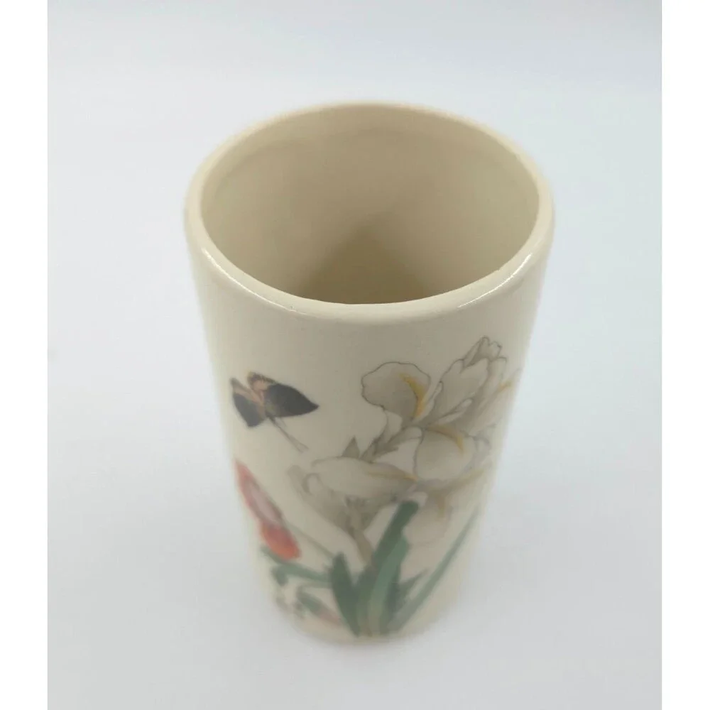 McCoy USA Cylinder Vase 677 Asian Floral Red Poppy White Iris Butterfly